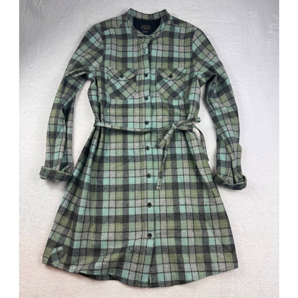 Pendleton Womens Green Grey Plaid 100% Virgin Wool Belted Shirt Dress Large